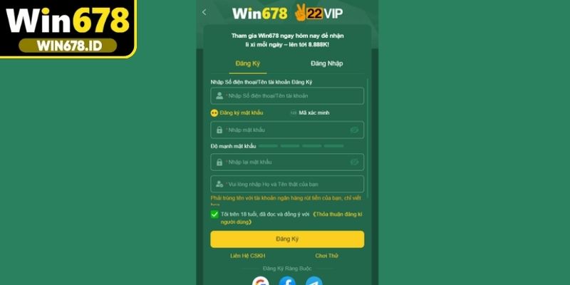 Thiết lập bảo mật tài khoản khi đăng ký Win678